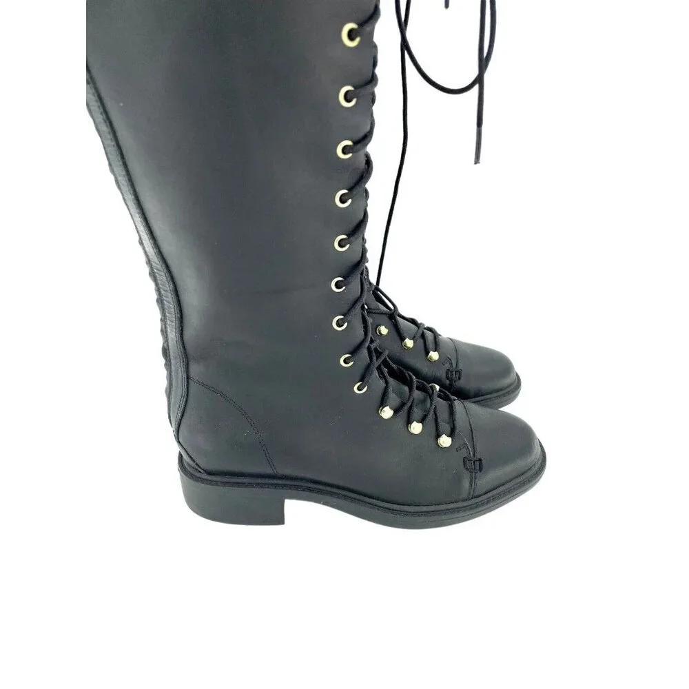 Joie Gryffin Over the Knee Boots Lace Up Buckle Black Leather  EU 36 New